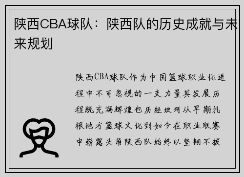 陕西CBA球队：陕西队的历史成就与未来规划